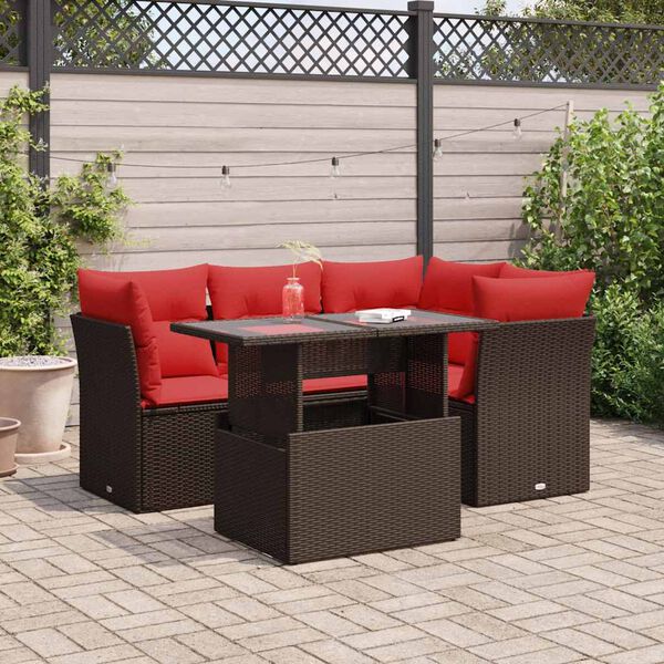 vidaXL 5 Piece Garden Sofa Set with Cushions Brown Poly Rattan Acacia