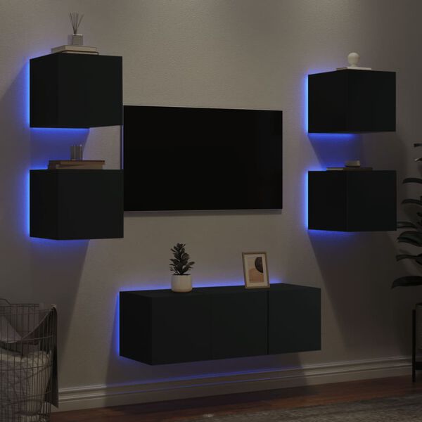 vidaXL 6 Piece TV Wall Units with LED Black Engineered Wood