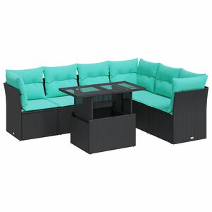 vidaXL 7 Piece Garden Sofa Set with Cushions Black Poly Rattan Acacia