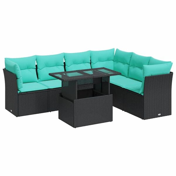 vidaXL 7 Piece Garden Sofa Set with Cushions Black Poly Rattan Acacia