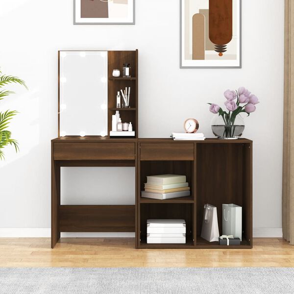 vidaXL LED Dressing Table with Cabinet Brown Oak Engineered Wood