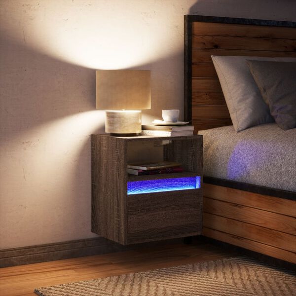 vidaXL Wall-mounted Bedside Cabinet with LED Lights Brown Oak