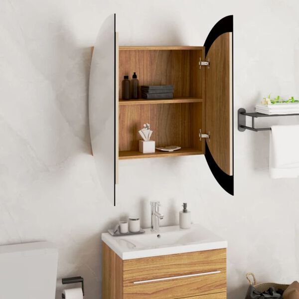 vidaXL Bathroom Cabinet with Round Mirror&LED Oak 54x54x17.5 cm