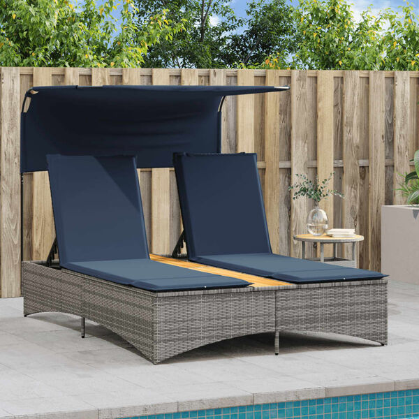 vidaXL Double Sun Lounger with Canopy and Cushions Grey Poly Rattan