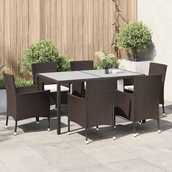 vidaXL 7 Piece Garden Dining Set with Cushions Brown Poly Rattan