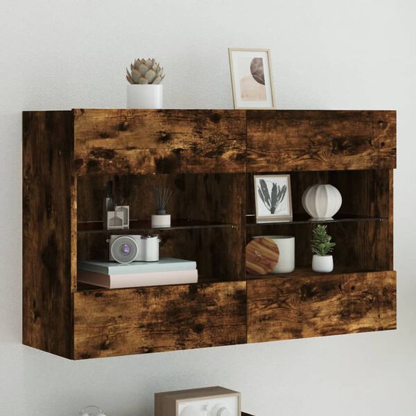 vidaXL TV Wall Cabinet with LED Lights Smoked Oak 98.5x30x60.5 cm