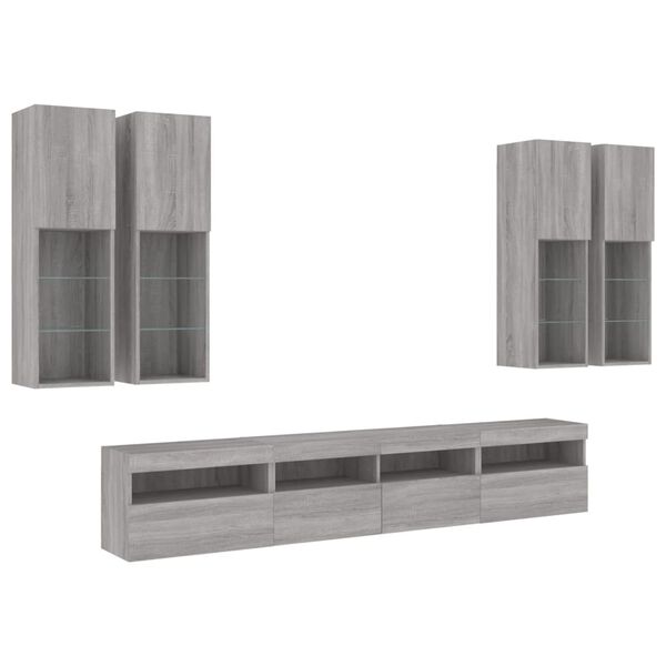 vidaXL 7 Piece TV Wall Cabinet Set with LED Lights Grey Sonoma