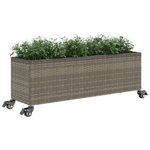 vidaXL Garden Planter with Wheels and 3 Pots Grey 107x32x38 cm Poly Rattan