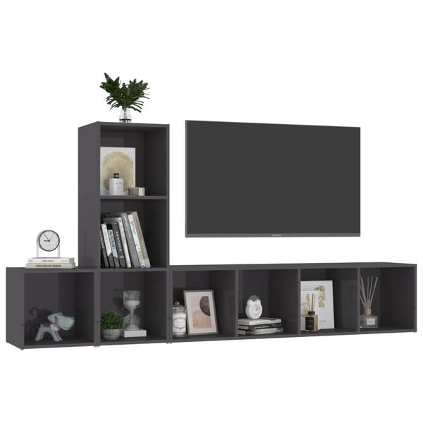 vidaXL 3 Piece TV Cabinet Set High Gloss Grey Engineered Wood