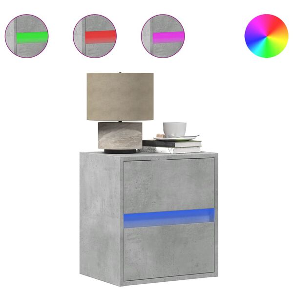 vidaXL Wall-mounted Bedside Cabinet with LED Lights Concrete Grey
