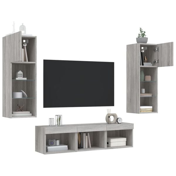 vidaXL 5 Piece TV Wall Units with LED Grey Sonoma Engineered Wood