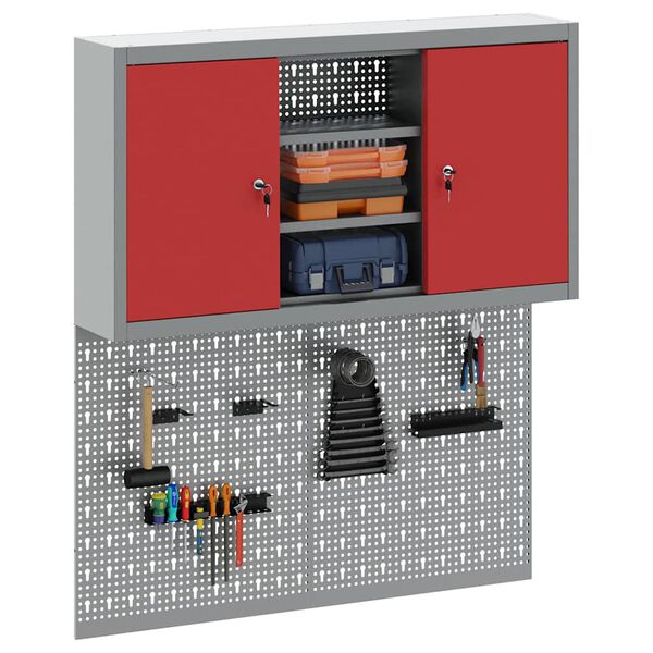 vidaXL Tool Cabinet and Pegboard Set 3 pcs Red 100 x 20 x 115 cm Steel