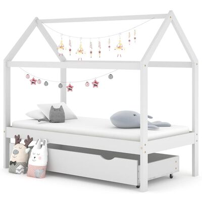 vidaXL Kids Bed Frame with a Drawer White Solid Pine Wood 80x160 cm