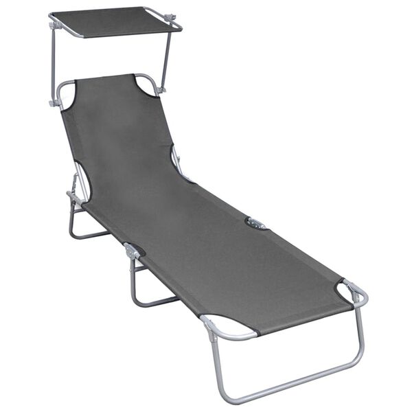 vidaXL Folding Sun Lounger with Canopy Grey Aluminium