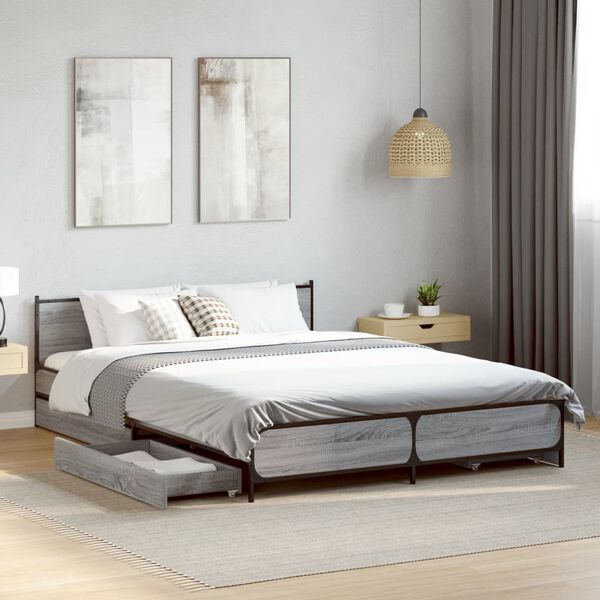 vidaXL Bed Frame with Drawers without Mattress Grey Sonoma 120x190 cm Small Double