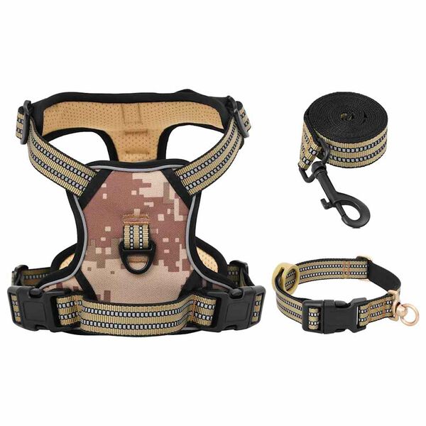 vidaXL Dog Harness with Lead & Collar Adjustable Camouflage Brown L