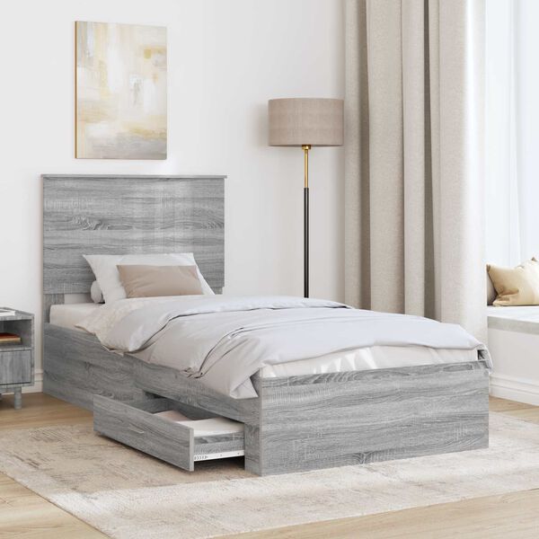 vidaXL Bed Frame with Drawer Grey Sonoma 90 x 190 cm Engineered Wood