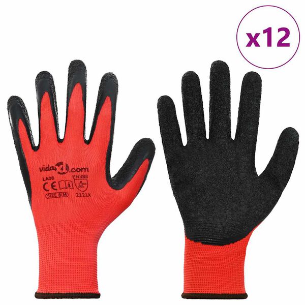 vidaXL Work Gloves 12 pcs Red and Black 8 / M Latex Coating