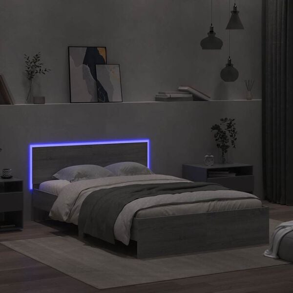 vidaXL Bed Frame with Headboard and LED Grey Sonoma 140x190 cm