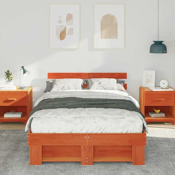 vidaXL Bed Frame with Headboard Wax Brown 120 x 200 cm Solid Pine Wood