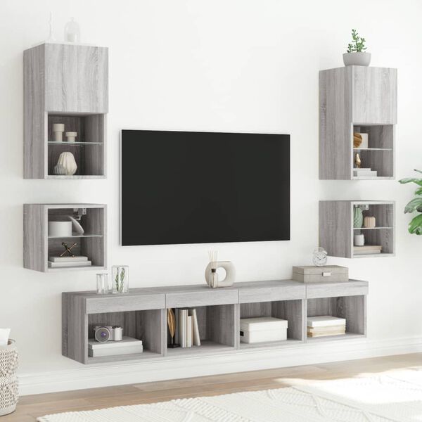 vidaXL 8 Piece TV Wall Units with LED Grey Sonoma Engineered Wood