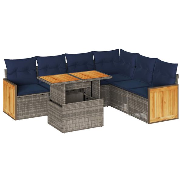 vidaXL 7 Piece Garden Sofa Set with Cushions Grey Poly Rattan Acacia