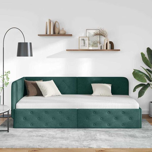 vidaXL Corner Bed Frame with Headboard Dark Green 90 x 200 cm Fabric