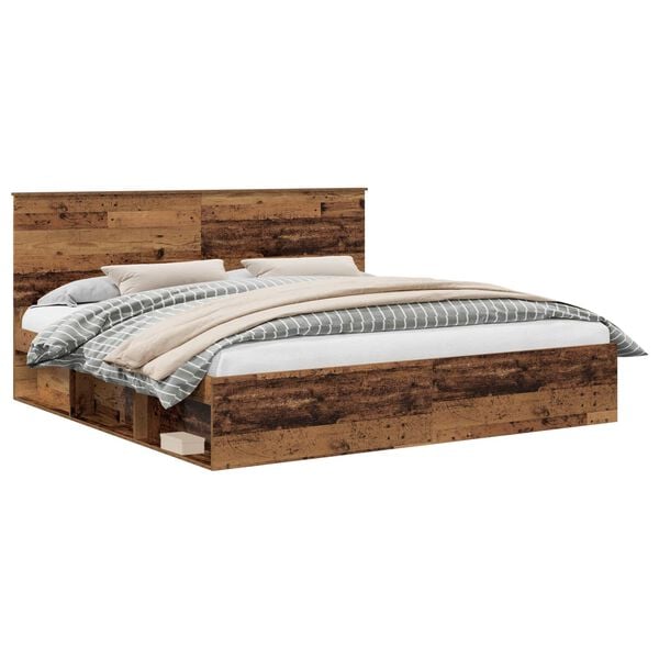 vidaXL Bed Frame with Headboard Old Wood 200 x 200 cm Solid Pine Wood