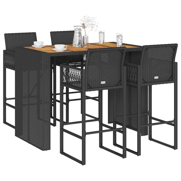 vidaXL 5 Piece Garden Bar Set without Cushions Black Poly Rattan Acacia