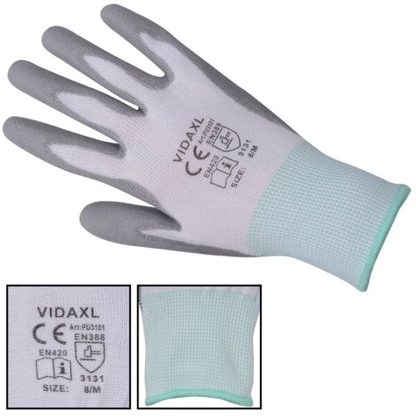 vidaXL Work Gloves PU 24 Pairs White and Grey Size 8/M