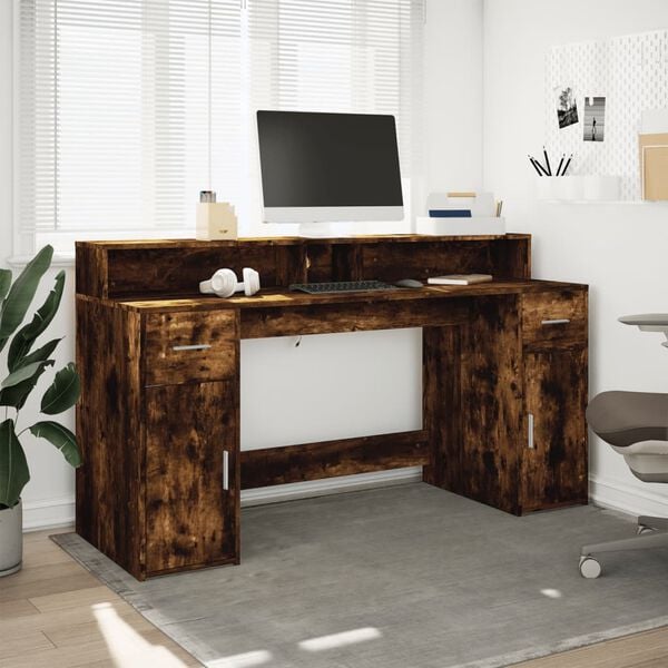 vidaXL Desk with LED Lights Smoked Oak 160x55x91 cm Engineered Wood