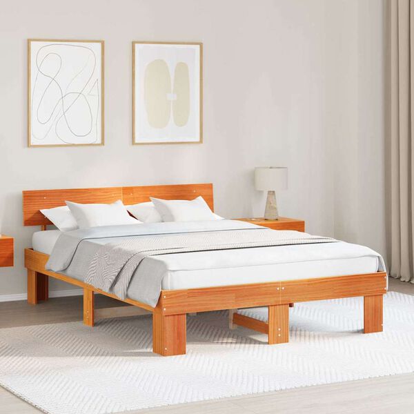 vidaXL Bed Frame with Headboard Wax Brown 140 x 200 cm Solid Pine Wood