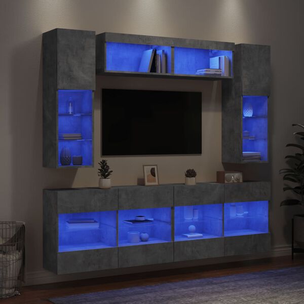 vidaXL 6 Piece TV Wall Cabinet Set with LED Lights Concrete Grey