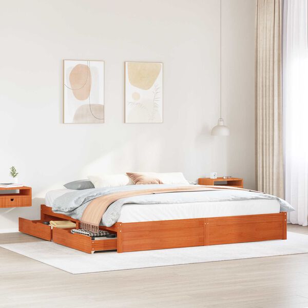vidaXL Bed Frame with Drawer Wax Brown 180 x 200 cm Solid Pine Wood