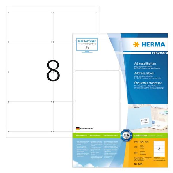 HERMA Permanent Address Labels A4 99.1x67.7 mm 100 Sheets White