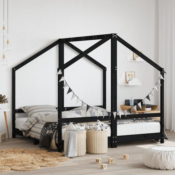 vidaXL Kids Bed Frame Black 2x(80x160) cm Solid Wood Pine