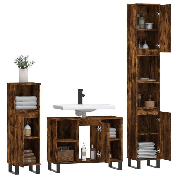 vidaXL 3 Piece Bathroom Furniture Set Smoked Oak Engineered Wood