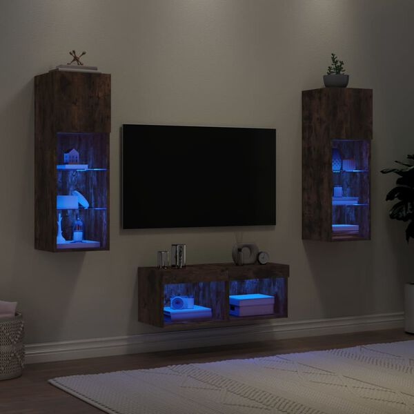 vidaXL 4 Piece TV Wall Cabinets with LED Lights Smoked Oak