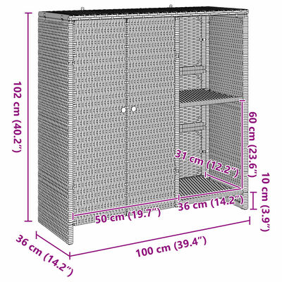 Rough dimensional diagram of a woven storage cabinet with measurements annotated in pink: dimensions show width 100 cm, depth 36 cm, height 102 cm; inner shelves dimensions noted.