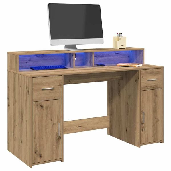 vidaXL Desk with LED Lights Artisian Oak 140x55x91 cm Engineered Wood