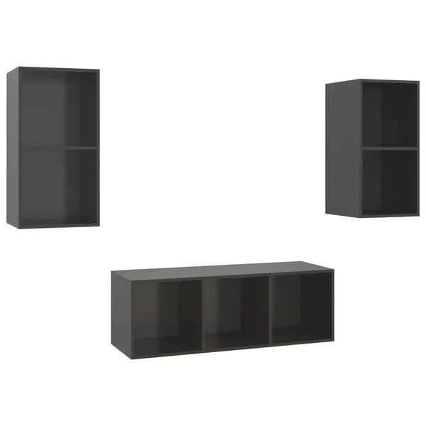 vidaXL 3 Piece TV Cabinet Set High Gloss Grey Engineered Wood