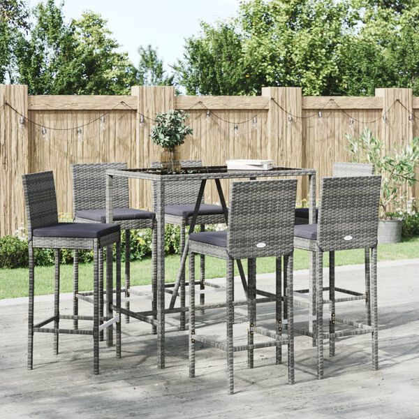 vidaXL 7 Piece Garden Bar Set with Cushions Grey Poly Rattan
