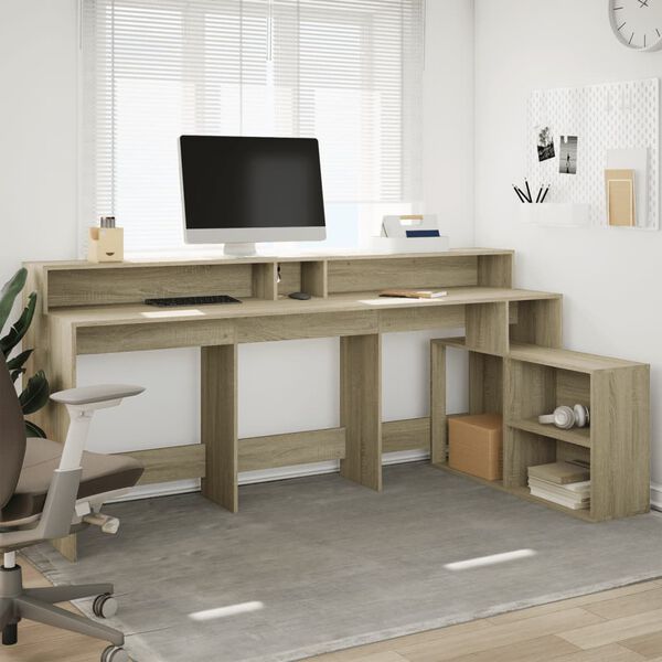 vidaXL Desk with LED Lights Sonoma Oak 200x104x91 cm Engineered Wood