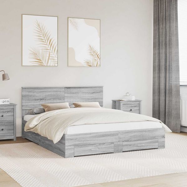 vidaXL Bed Frame with Drawer Grey Sonoma 160 x 200 cm Engineered Wood