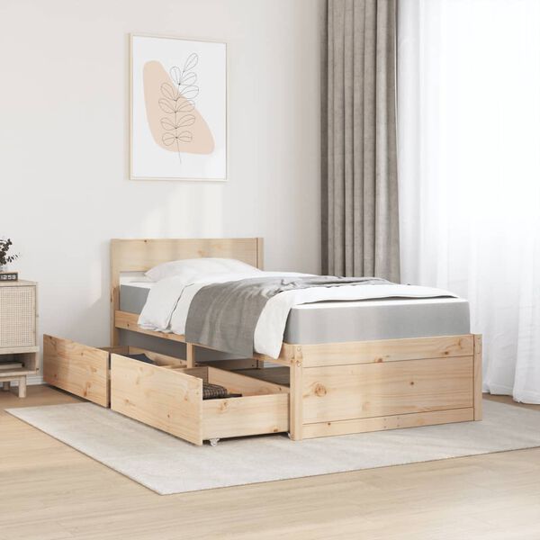 vidaXL Bed with Drawers and Mattress 100x200 cm Solid Wood Pine