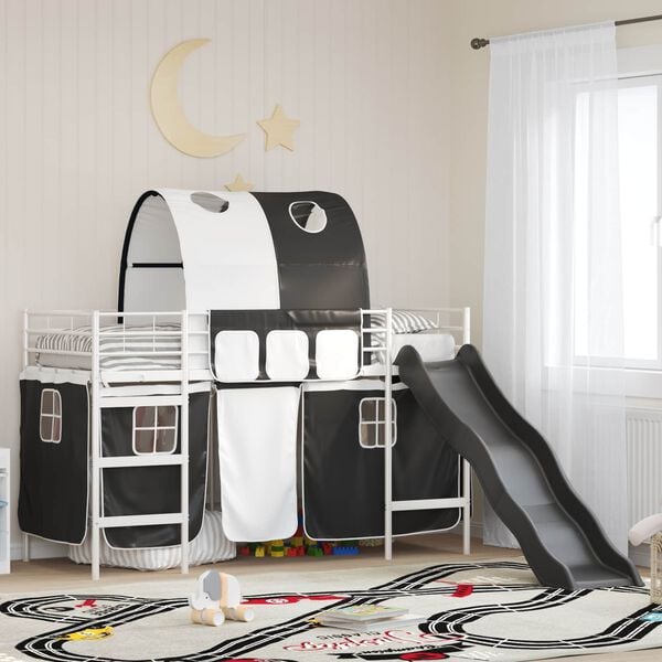vidaXL Kids'Loft Bed Frame with Curtains, Arch, Slide White and Black