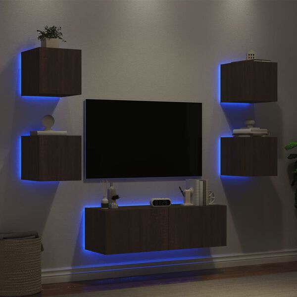 vidaXL 5 Piece TV Wall Cabinets with LED Lights Brown Oak