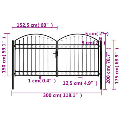 vidaXL Fence Gate Double Door with Arched Top Steel 300x150 cm Black