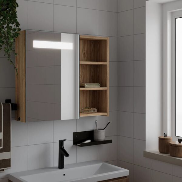 vidaXL Bathroom Mirror Cabinet with LED Light Oak 60x13x52 cm