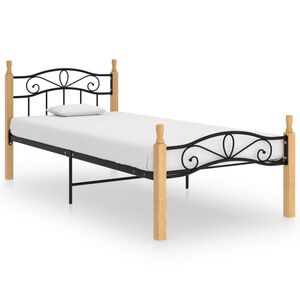 vidaXL Bed Frame without Mattress Black Metal&Solid Oak Wood 90x200 cm